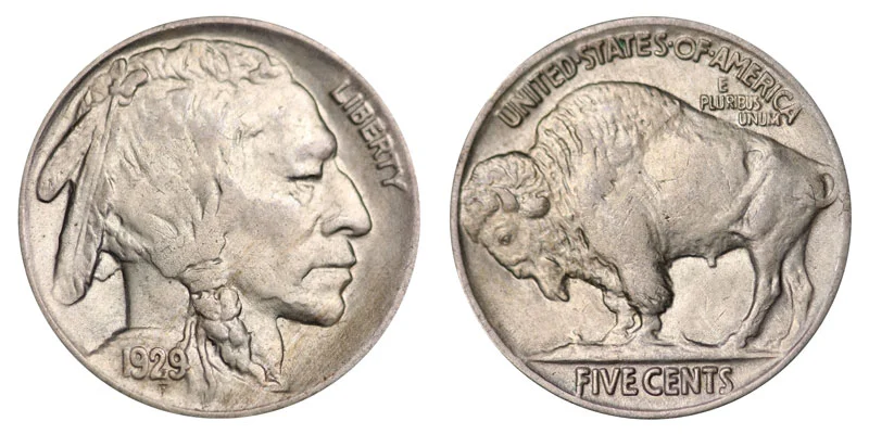 1929 Buffalo Nickel obverse and reverse showing Native American portrait, bison, and date