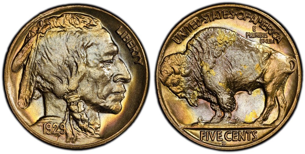 1929 Buffalo Nickel grading strip showing four condition tiers from Good (worn) through Fine, About Uncirculated, and Mint State